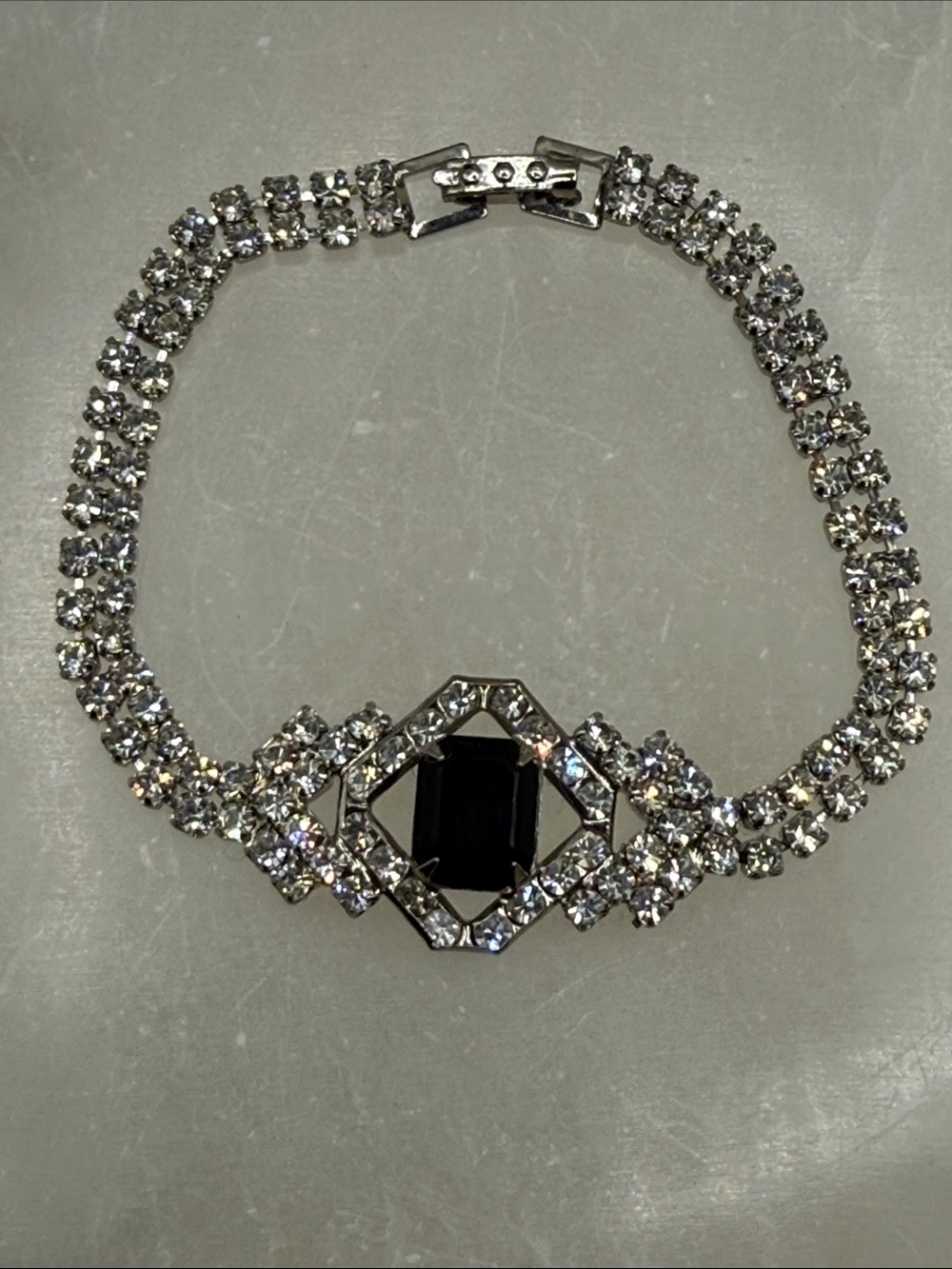 Vintage Exceptional rhinestone art deco tennis  Bracelet Black Center lux estate